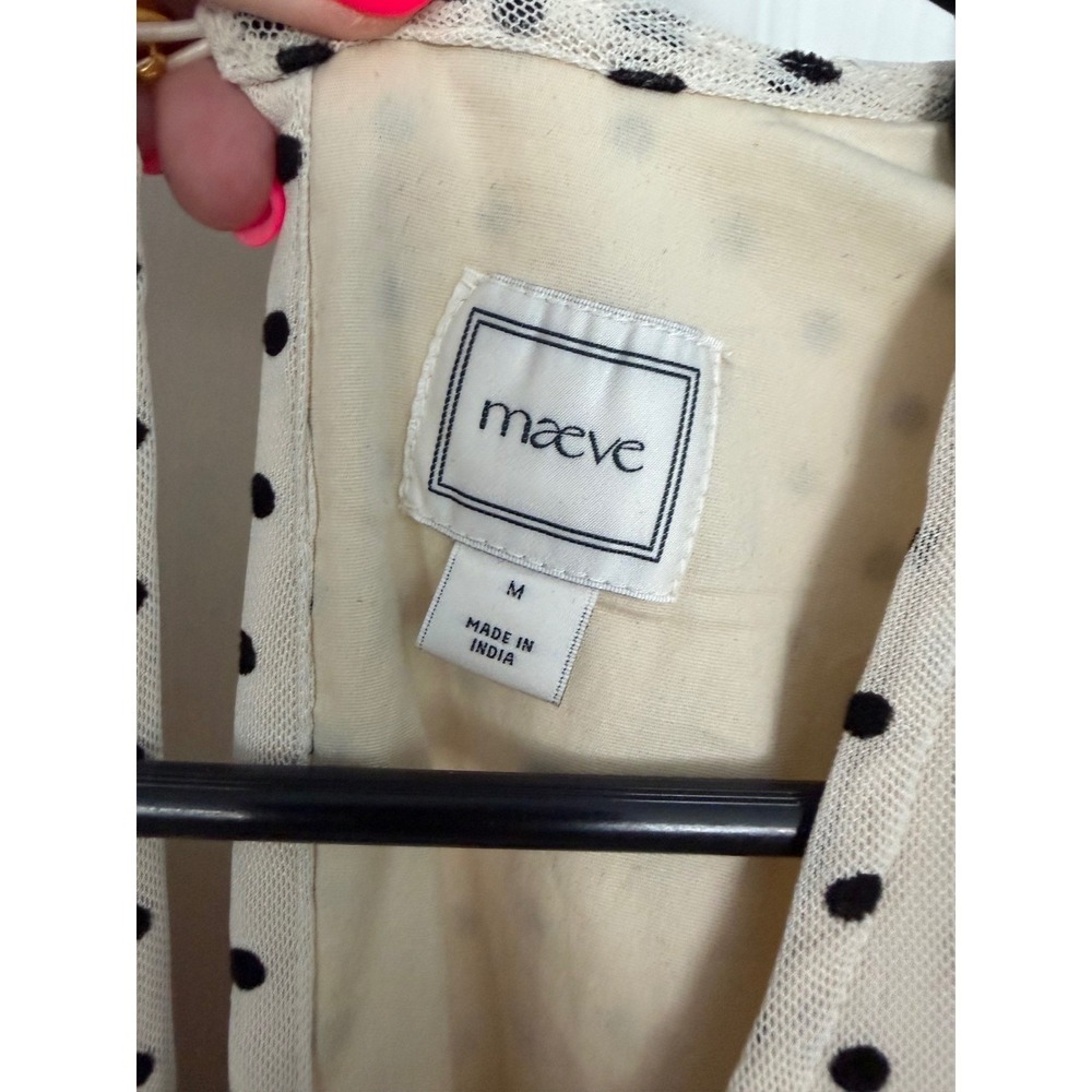 Maeve Anthropologie Polka Dot Ruched Mini Dress Puff Sleeve Cream Black Size M - Picture 4 of 7